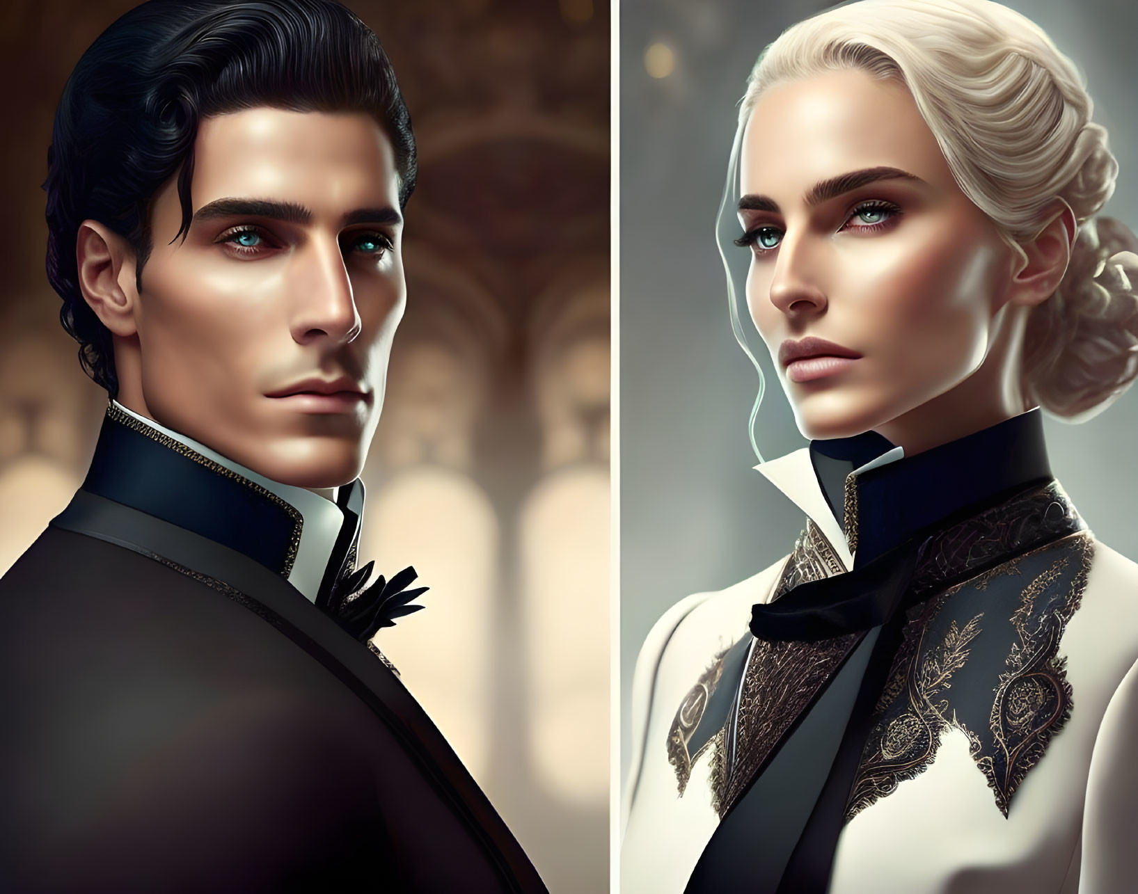 Stylized portraits of individuals with sharp features in elegant attire