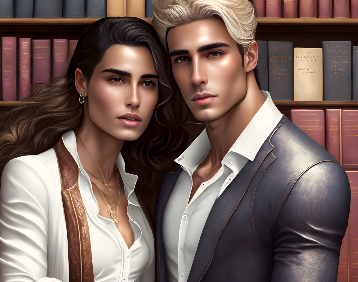 Stylish Man and Woman with Bookshelf Background in Smart Casual Attire