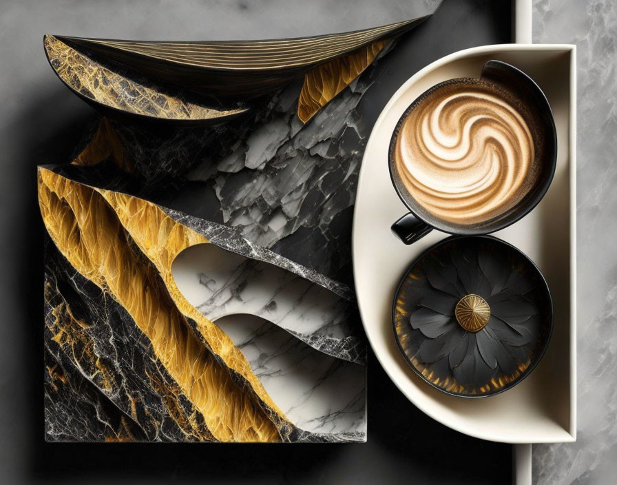 Artful Latte Cup Composition with Golden and Black Plates