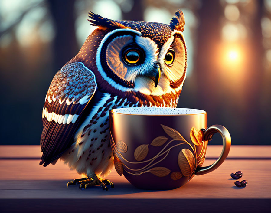 Illustrated owl with coffee cup and beans on wooden surface