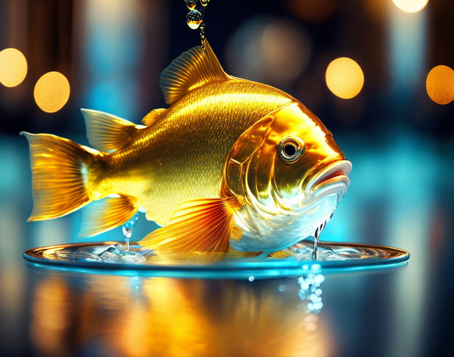 Golden fish with water droplets on fins, bokeh background.