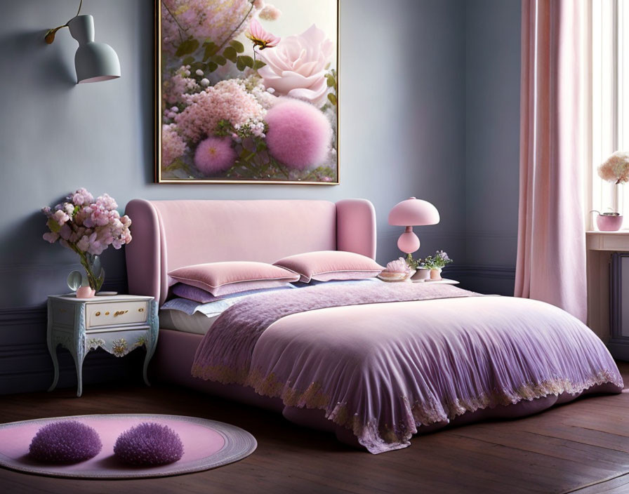 Pastel purple and pink decor in cozy bedroom with double bed and vintage-style nightstand.