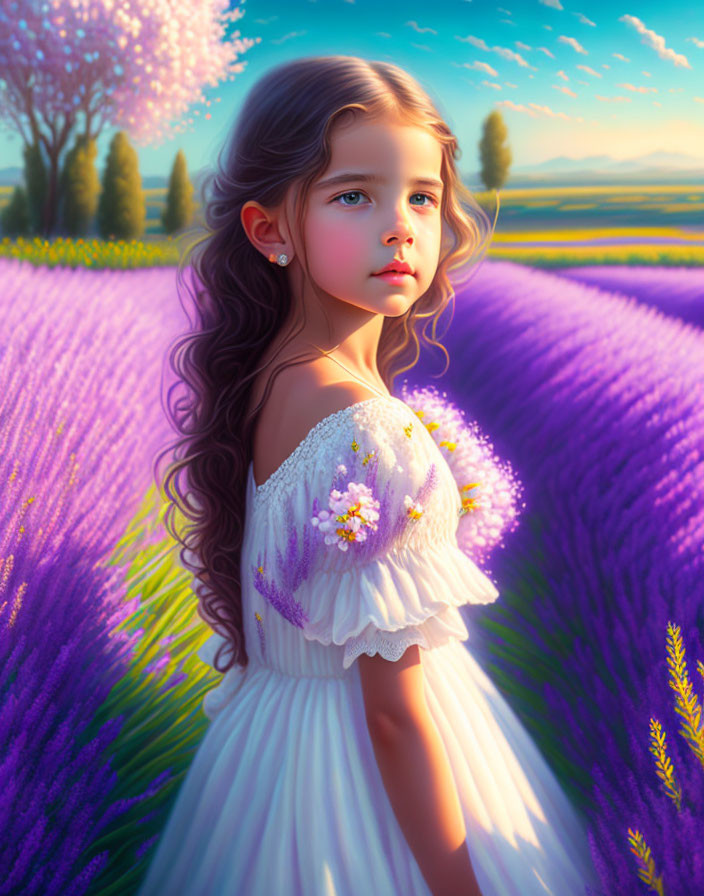 Young girl in white dress in vibrant lavender field under soft sunlight