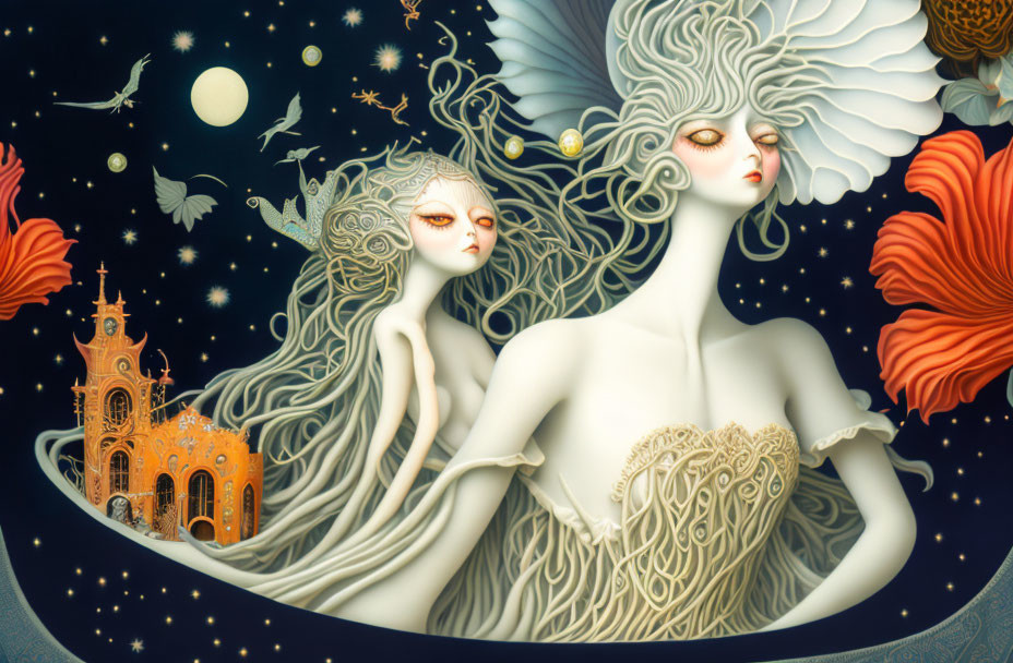 Detailed ethereal illustration of pale figures with stars, golden church, celestial bodies.