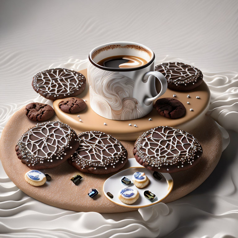 Heart-shaped steam above coffee cup with cookies and biscuits on cream background