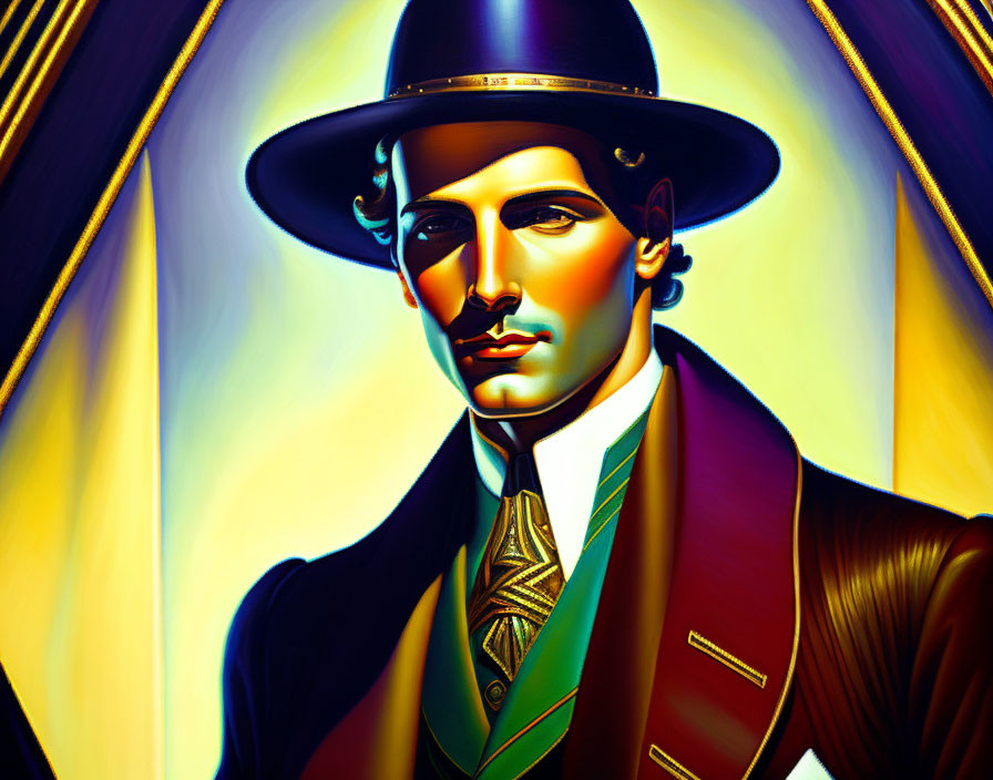 Vividly colored stylish man with hat under dramatic lighting