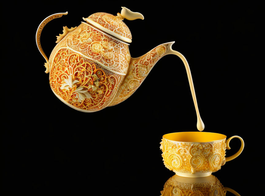 Golden Teapot Pouring Cream into Matching Cup on Black Background