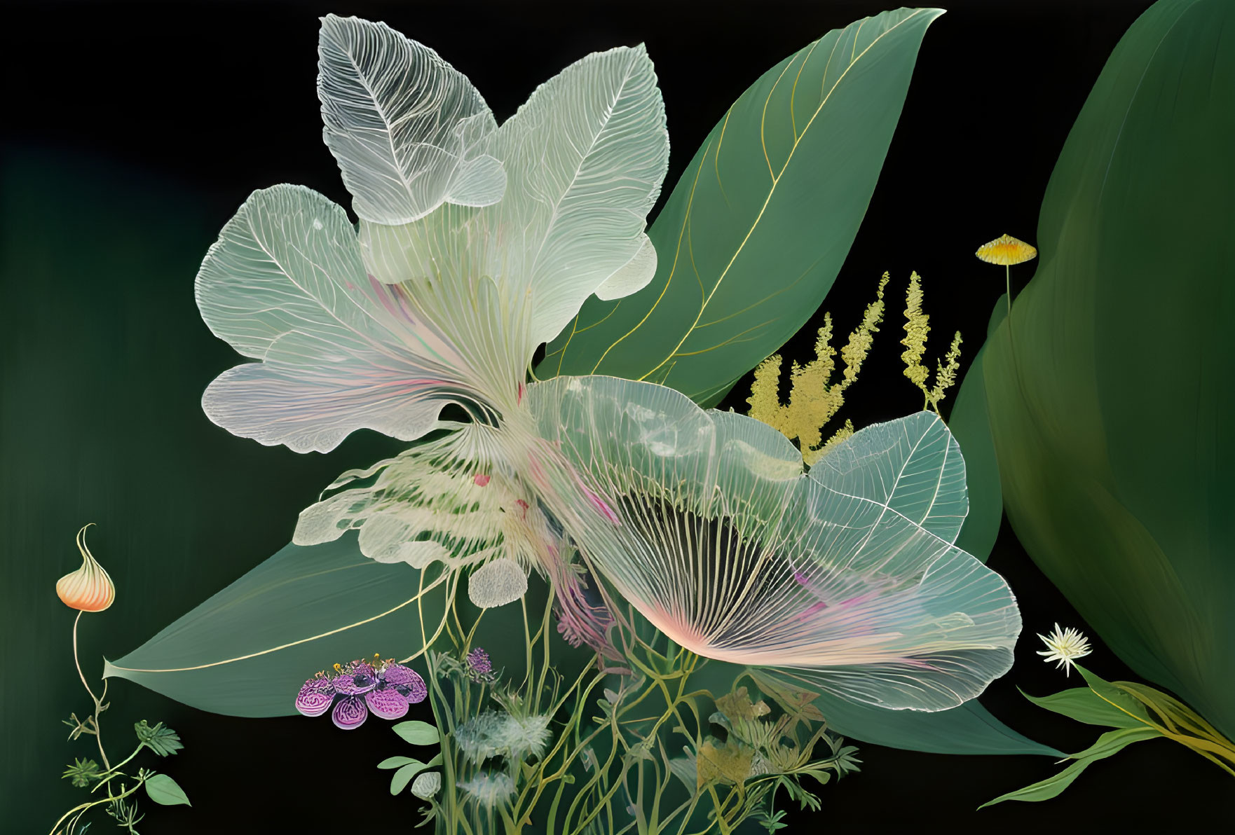 Detailed digital botanical illustration: large white flower with intricate veins among various plants on dark backdrop