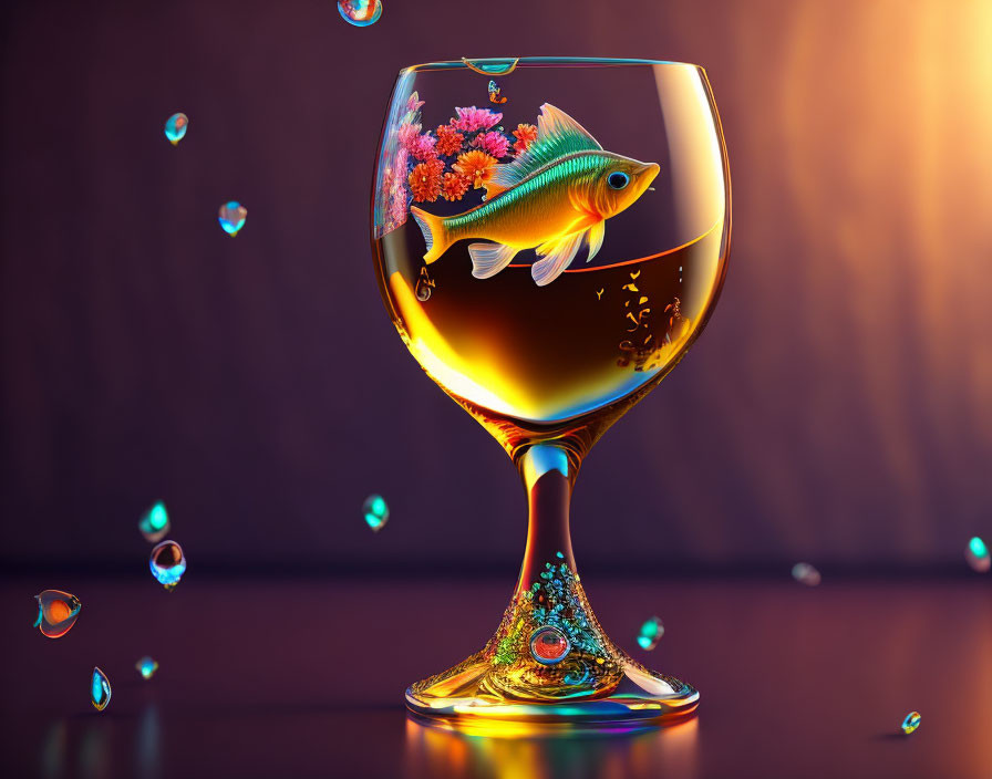 Goldfish, flowers, and water in wine glass on warm backdrop.