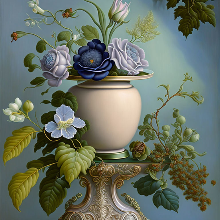 Classical vase with lush flowers and cool tones on grey background