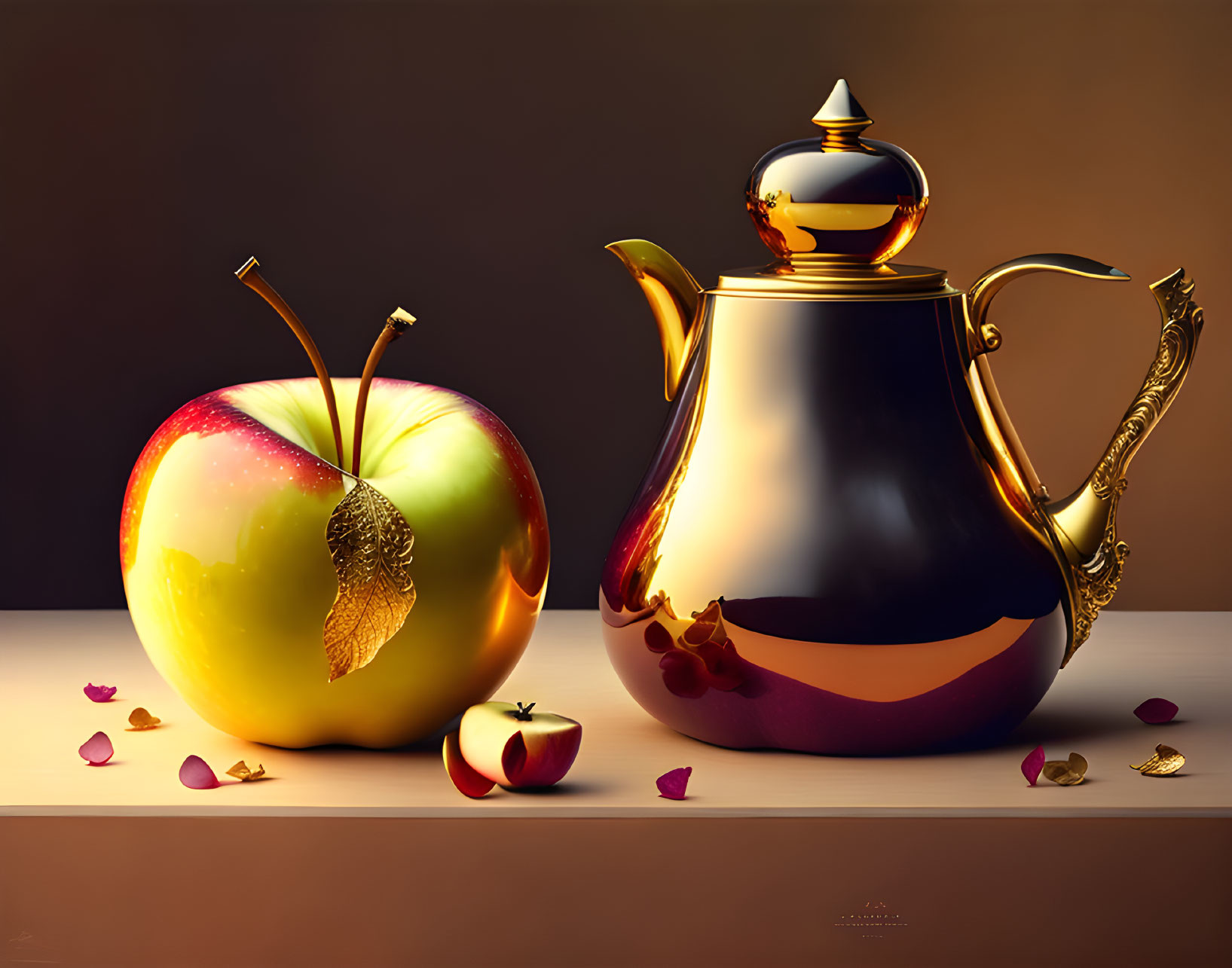 Ripe and miniature apples next to golden teapot on rose petal surface