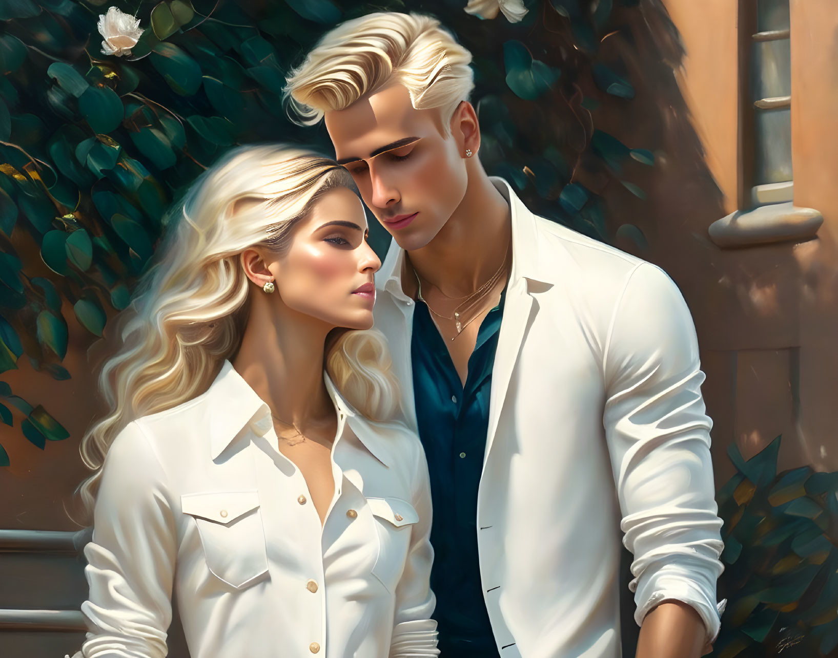 Romantic couple with styled blond hair in chic white outfits against floral background