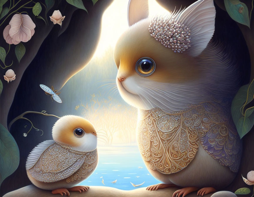 Detailed illustration of fluffy squirrel and tiny chick in fantasy forest