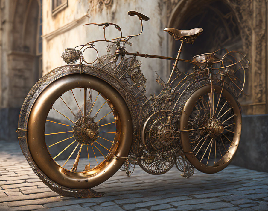 Steampunk-style bicycle with brass gears leaning against stone wall