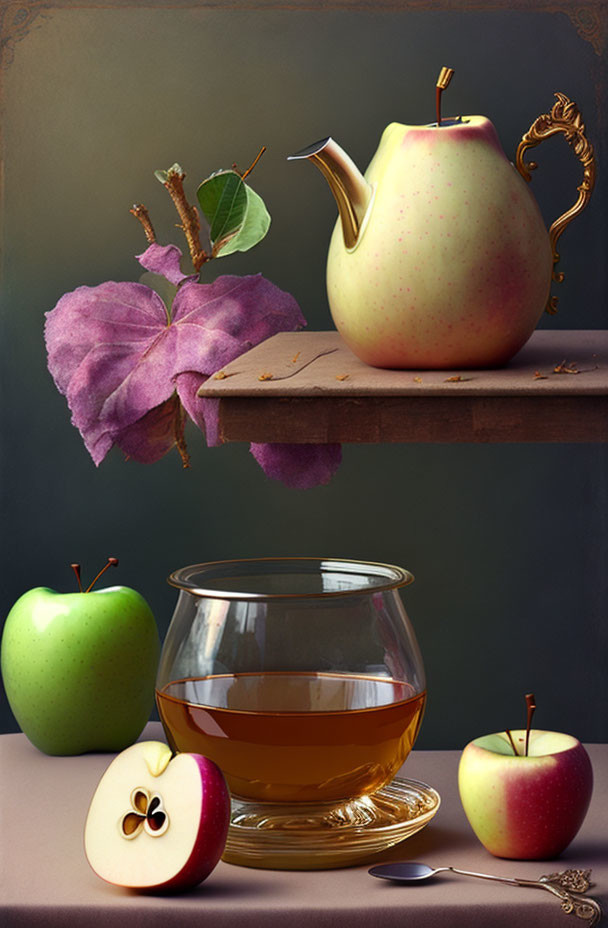 Whimsical still life featuring apple-shaped teapot, apples, tea cup, and flower on table