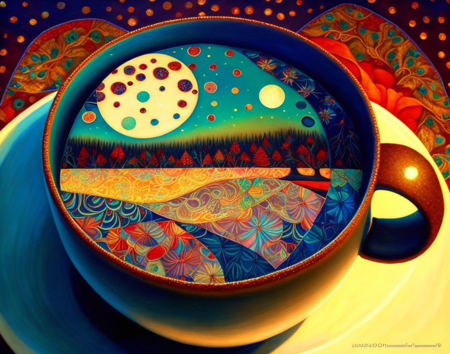 Colorful Cup Illustration with Cosmic and Nature Scene