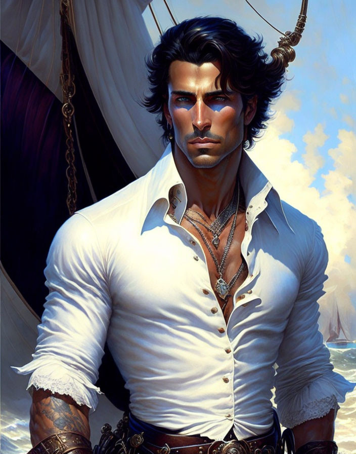 Digital artwork of rugged, handsome pirate with long dark hair and white shirt