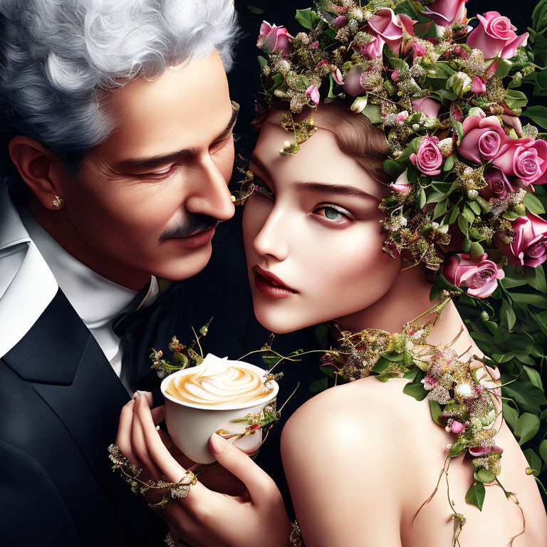 Stylized older man and woman with white hair and flower crown holding coffee cup