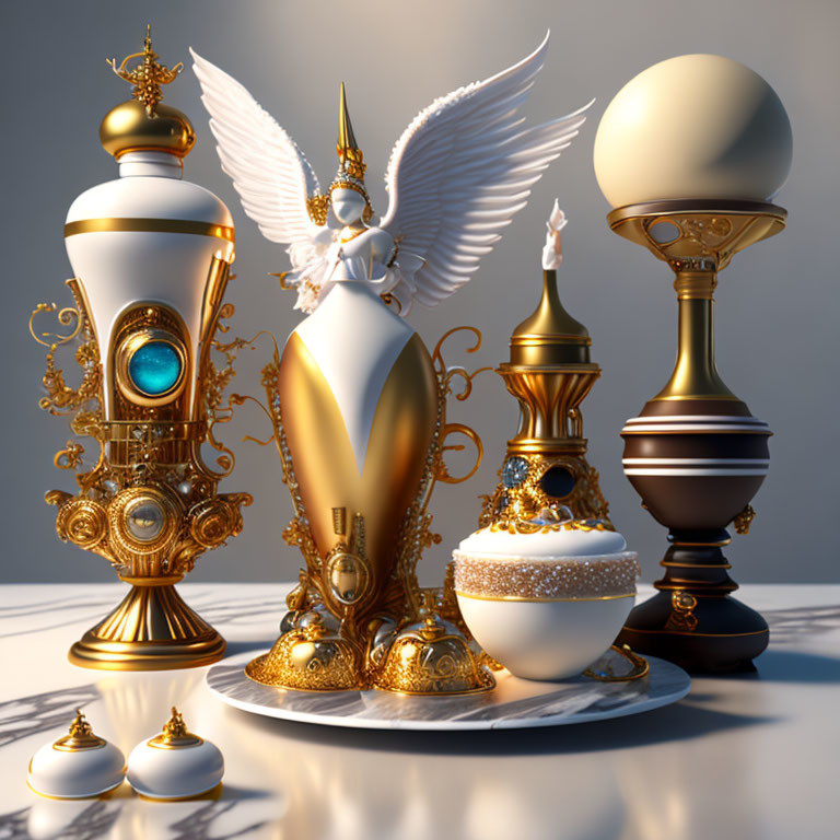 Collection of ornate, fantastical objects with winged figure, golden goblets, and spheres