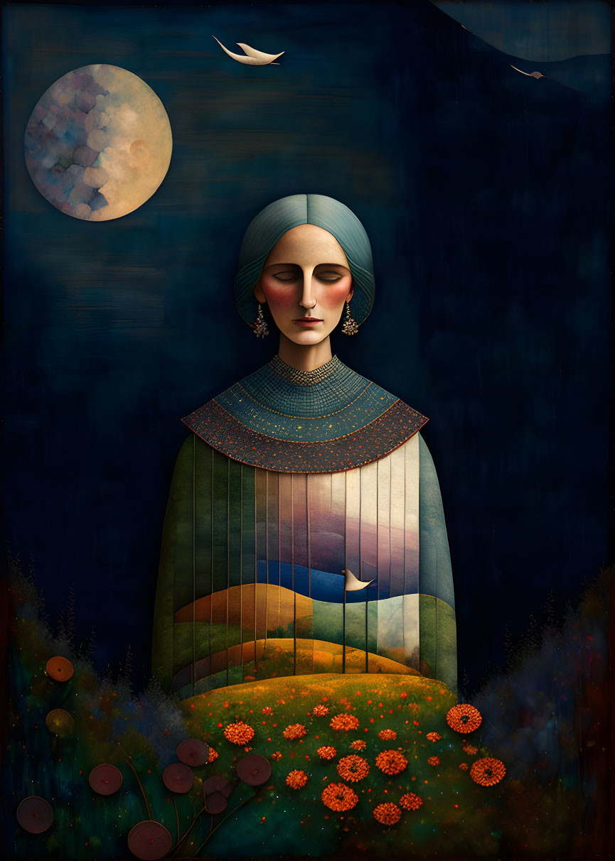 Stylized portrait of woman in landscape dress under moonlit sky