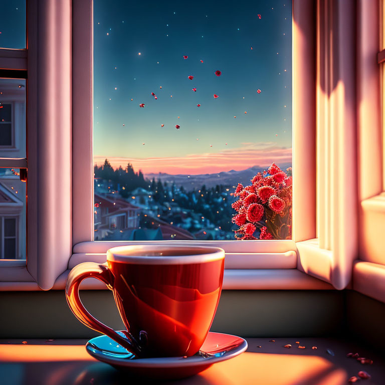 Tranquil town sunset scene with tea cup and floating lanterns