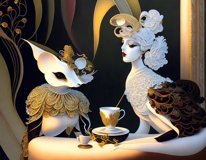 Anthropomorphic fox and woman share tea in elegant, golden scene