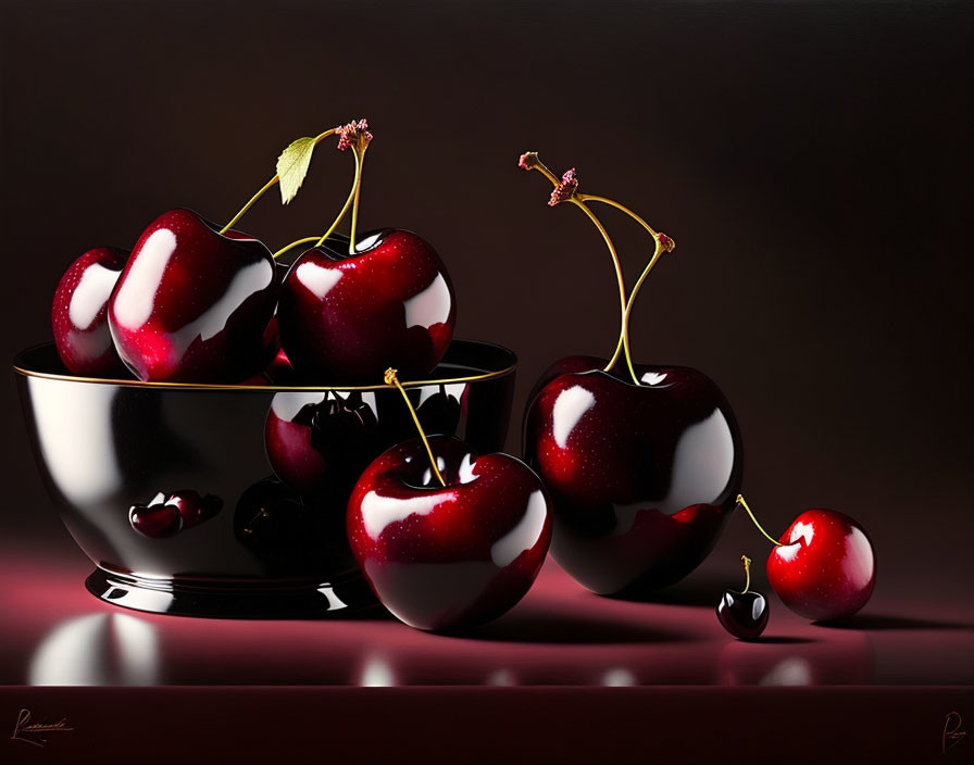 Fresh cherries with stems in reflective bowl on dark surface