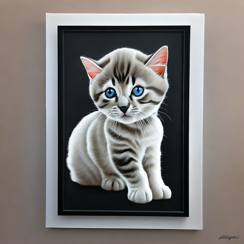 Realistic kitten with blue eyes and striped fur on black background in 3D frame