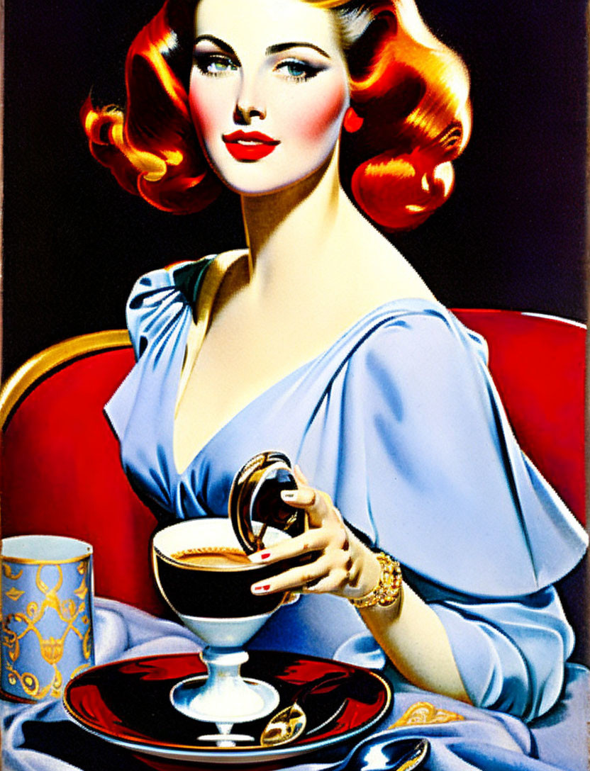 Vintage Illustration of Red-Haired Woman with Coffee Cup