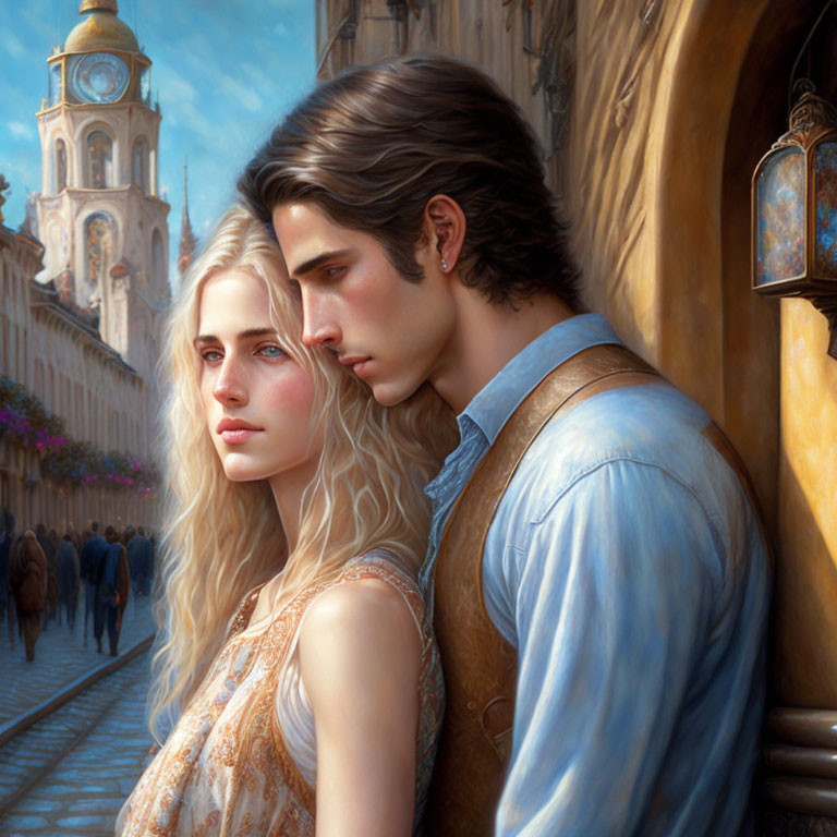 Young couple in romantic fantasy setting with historical architecture.