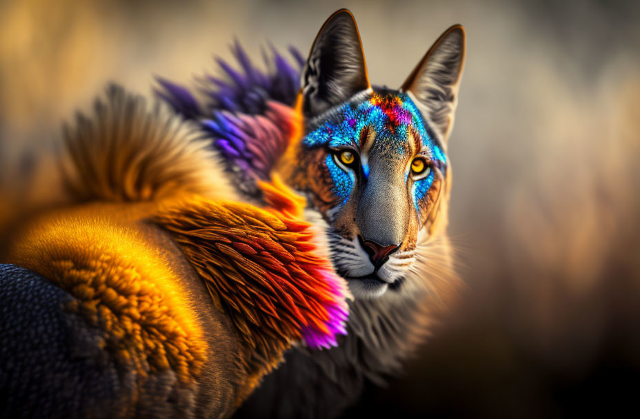 Surreal lynx-headed creature with multicolored fur on blurred background