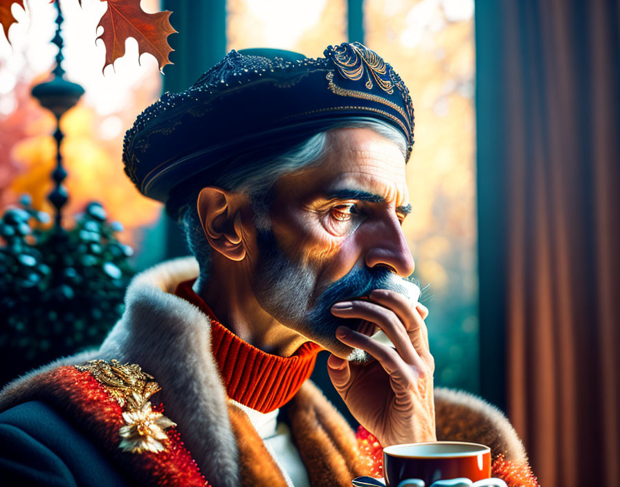 Regal bearded man in crown holding cup with thoughtful expression