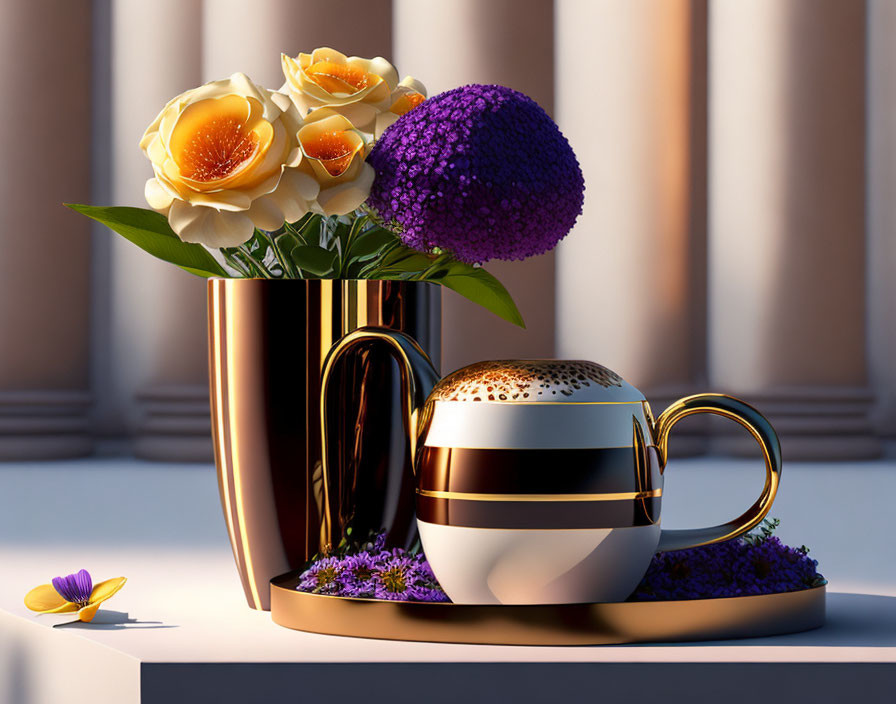 Luxurious Scene with Golden Coffee Cups, Yellow Roses, and Purple Allium