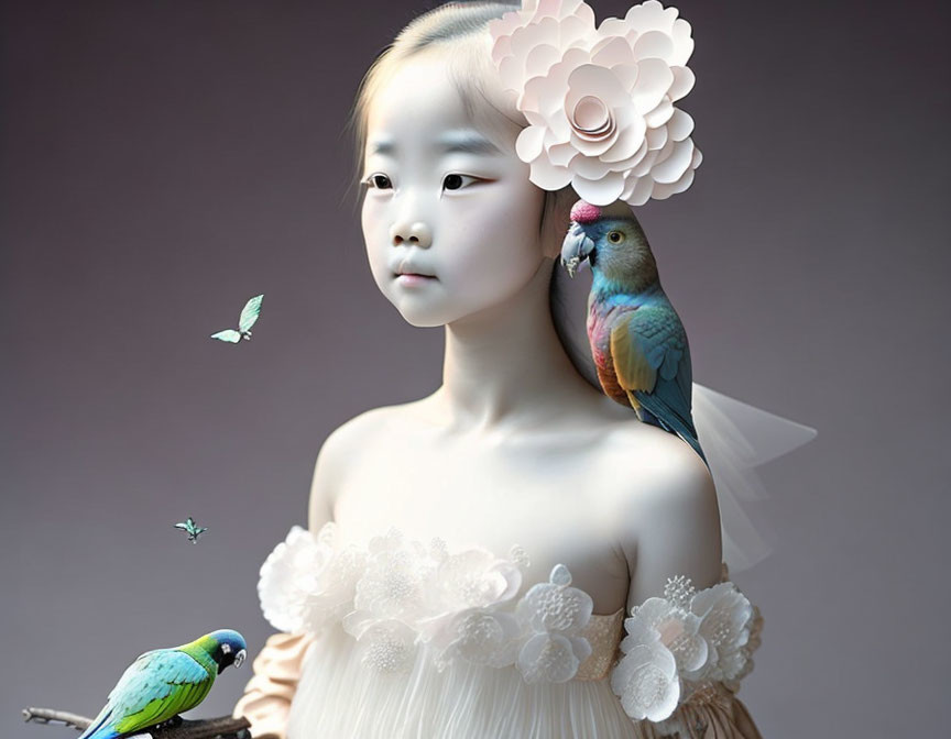 Girl with floral hairpiece and parrot on shoulder, another bird with butterfly nearby