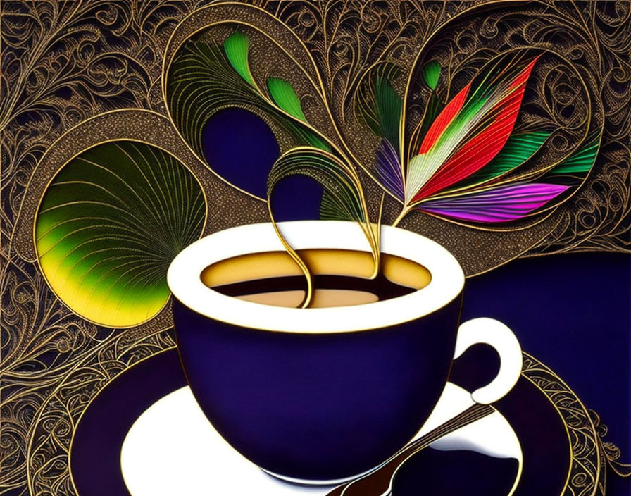 Stylized cup of coffee with steam against peacock feather backdrop