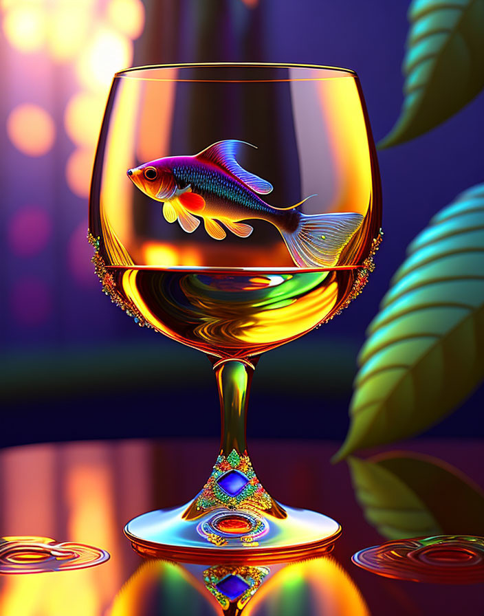 Colorful Fish Swimming in Wine Glass with Vibrant Reflections