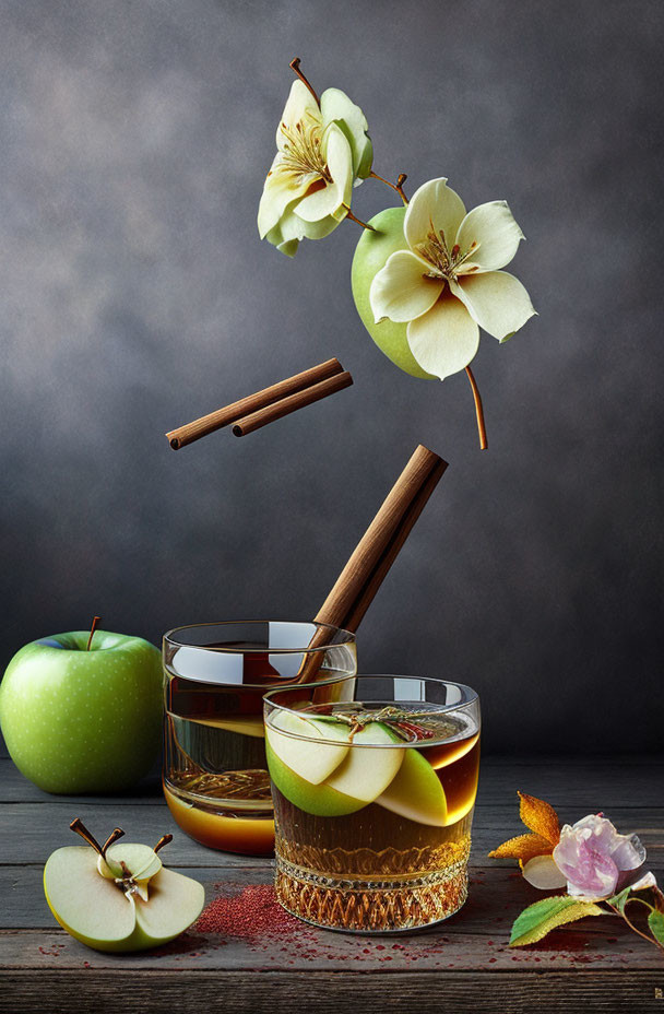 Apple Cider and Apple Still Life with Cinnamon Sticks and Flowers