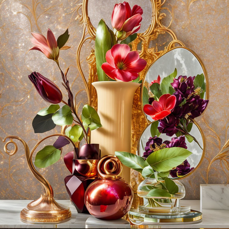 Beige vase, red sphere, mirrors, flowers on golden textured backdrop