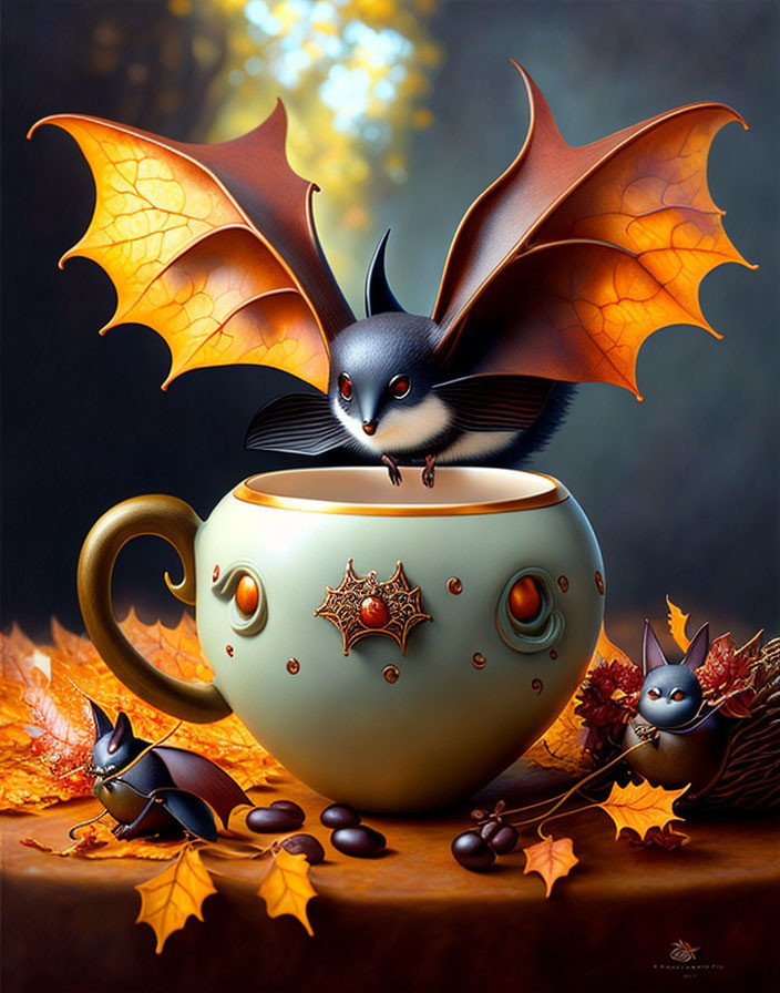 Whimsical bat illustration on cup with autumn leaves and acorns