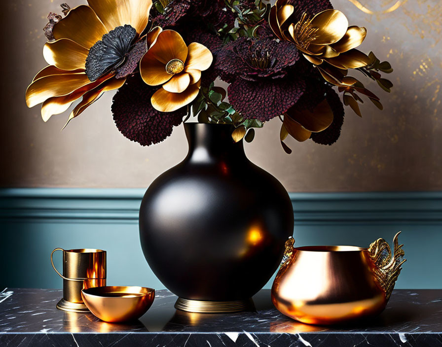 Luxurious still life with black vase, gold & burgundy flowers, gold cups, bowl on marble