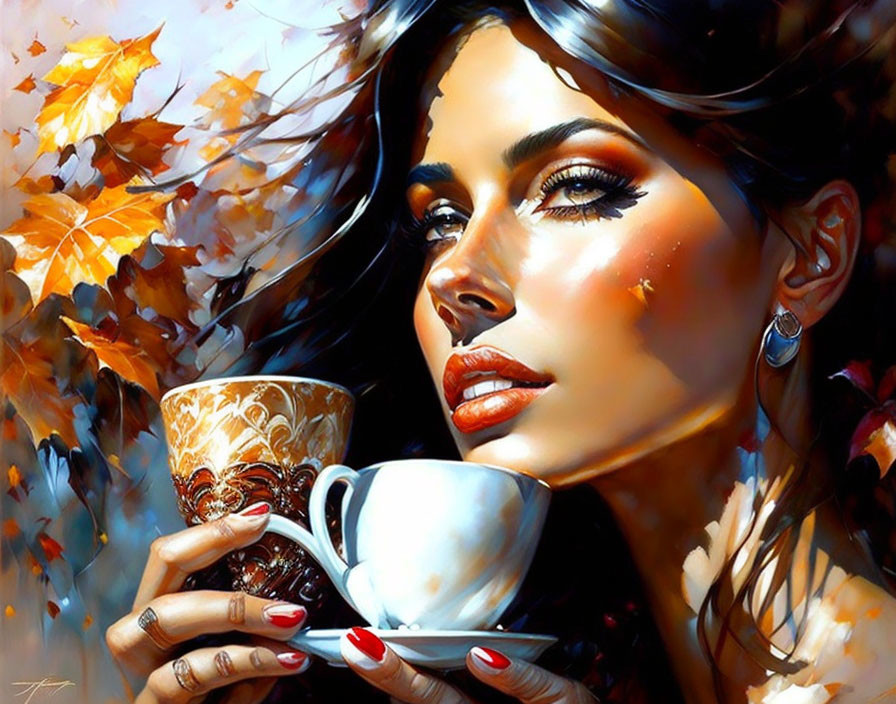 Woman with Striking Eyes Holding Ornate Cup Surrounded by Autumn Leaves