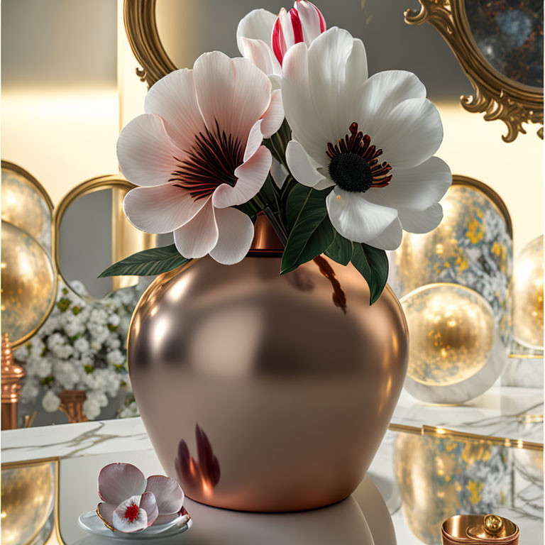 Bronze vase with white flowers on reflective table and mirrors