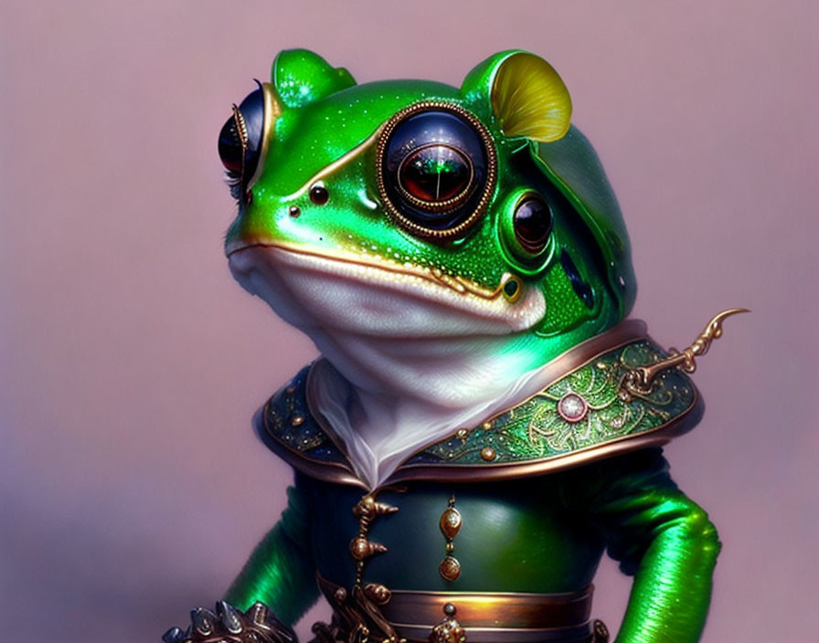 Anthropomorphized frog in steampunk attire with brass goggles