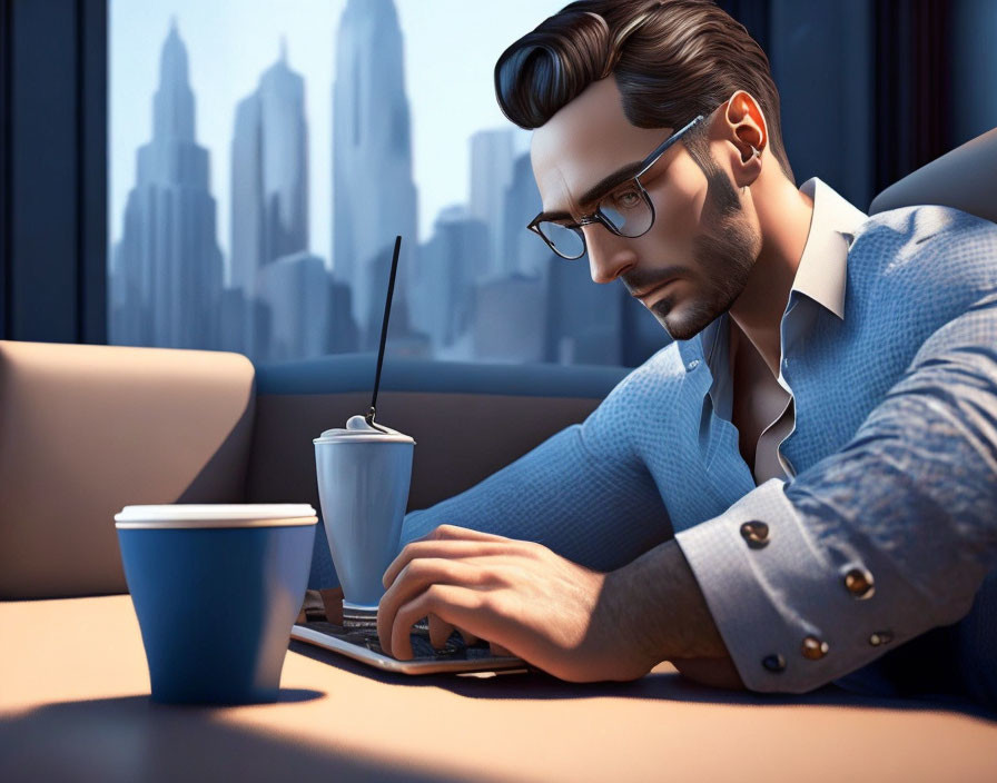 Stylized 3D animation of man with glasses working on laptop with coffee cup, city skys