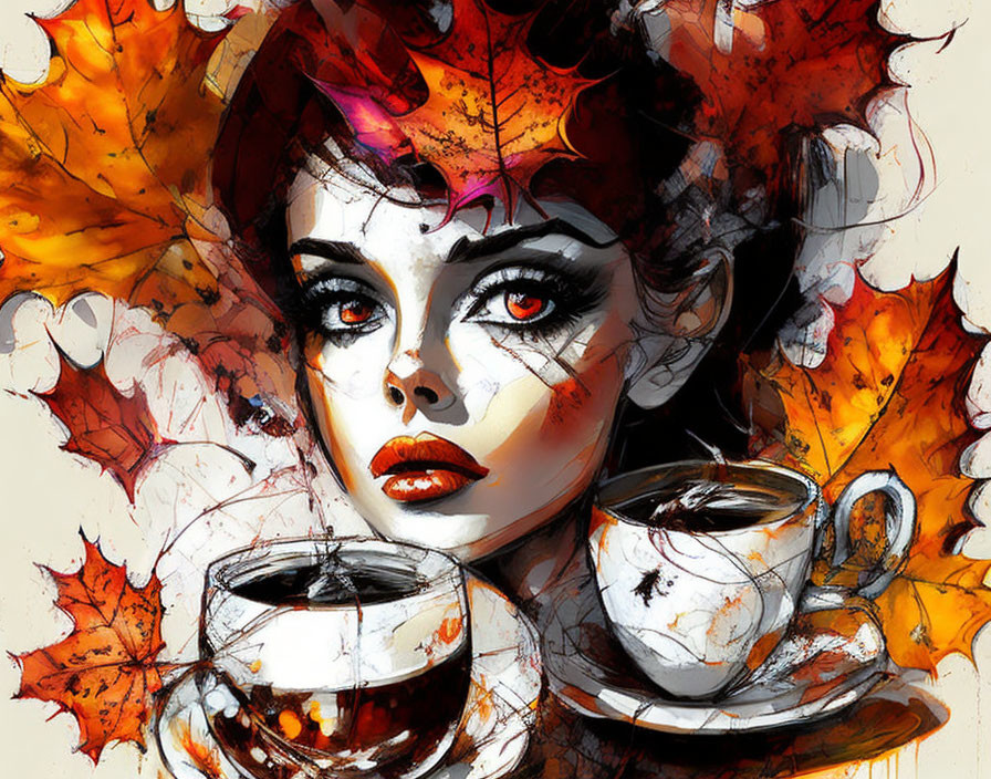 Woman's face with autumn leaves, bold makeup, teacup, wine glass on vivid background