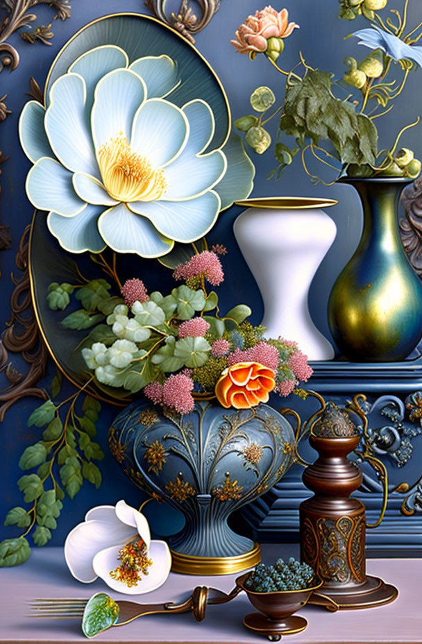 Blue and white flower with vases, brass pitcher, and blossoms on dark background