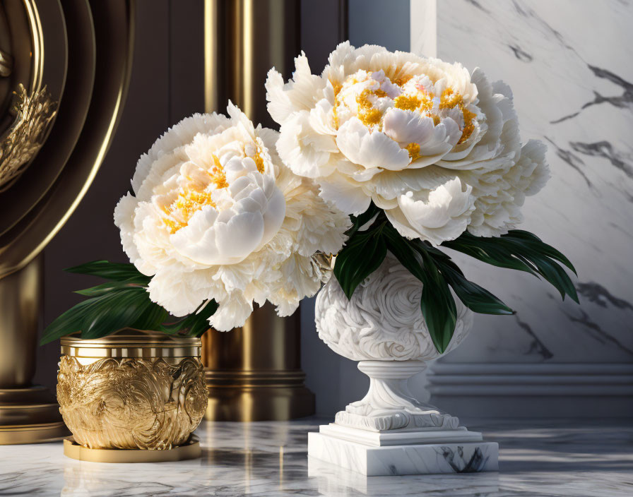 White Peonies in Marble Vase on Gold-Accented Table