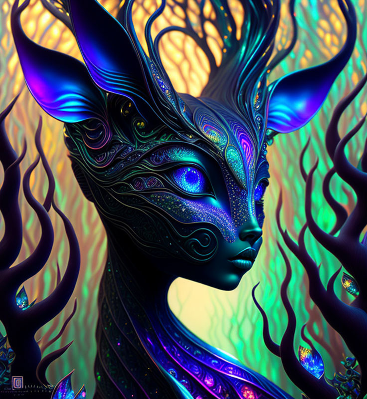 Colorful digital artwork: Creature with stag-like features in blue, green, and purple hues.