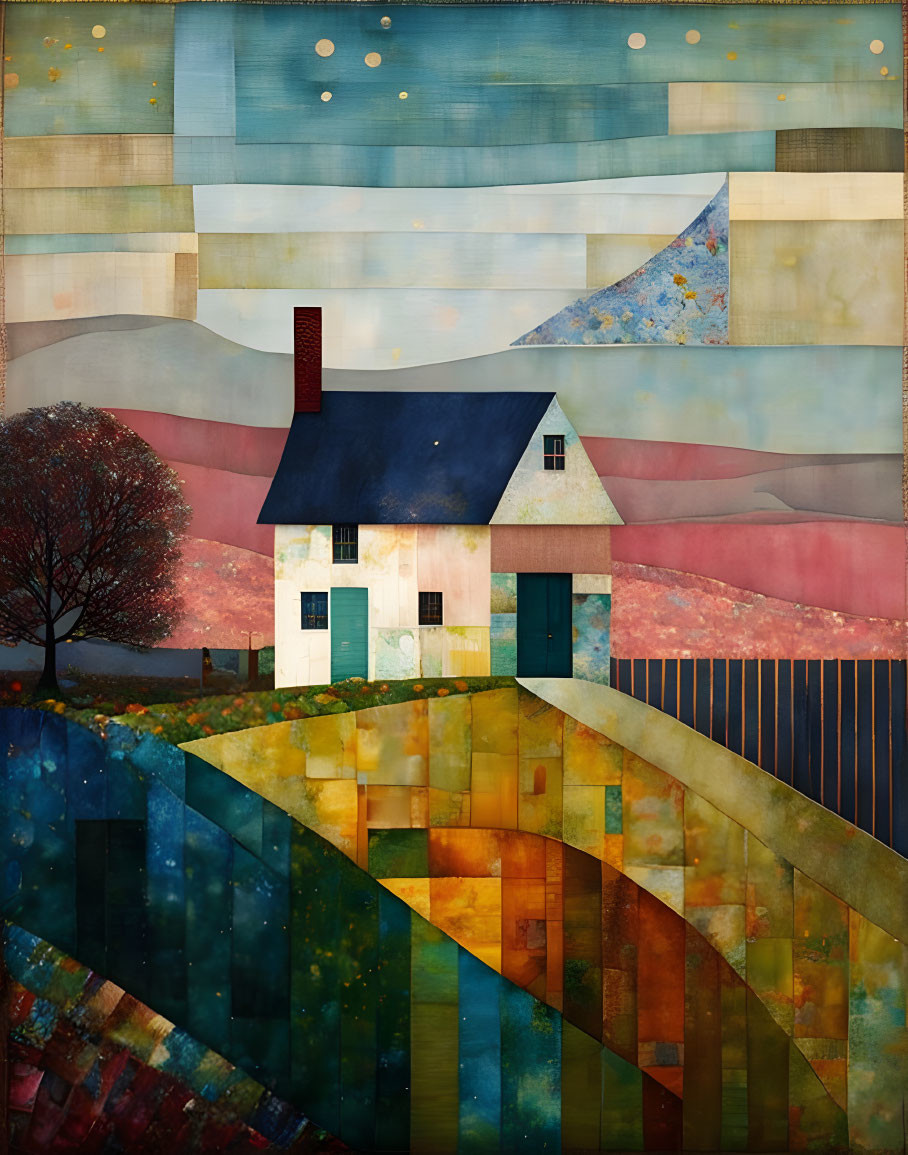 Patchwork Landscape Featuring Stylized House in Geometric Patterns