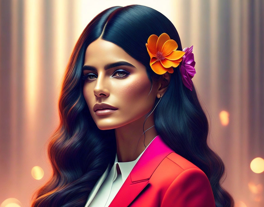 Digital artwork of woman with sleek hair, flower, red blazer, blurred background